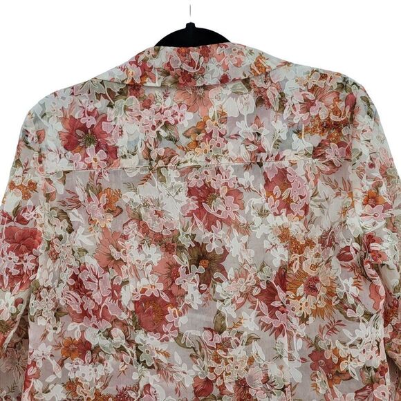 Womens Button Up Blouse S Pink Floral Sheer 3/4 Sleeve Collared Top Country - Picture 10 of 13